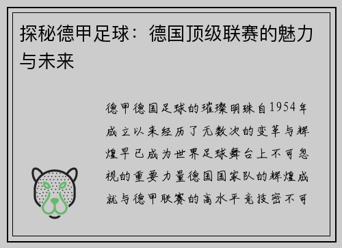 探秘德甲足球:德国顶级联赛的魅力与未来